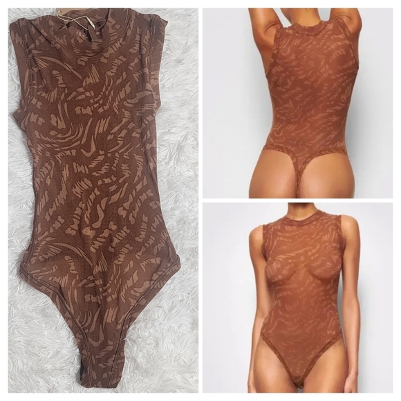 SKIMS ( Latte Swirl-RARE) Summer Mesh Mock Neck Bodysuit -NWT/XXS, 3X - Picture 4 of 15